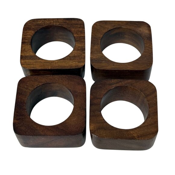 Wooden Napkin Rings Set of 4 MCM Modern Style Brown Wood - Picture 2 of 7